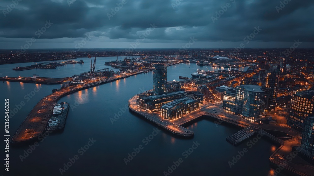 Obraz premium Aerial view of a vibrant city skyline at dusk, showcasing illuminated buildings and waterways