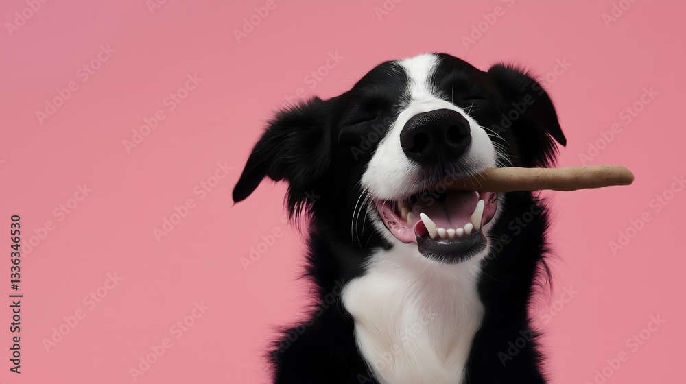 Border Collie Dog Holding Stick Pink Background Border Collie Dog Holding Stick Pink Background