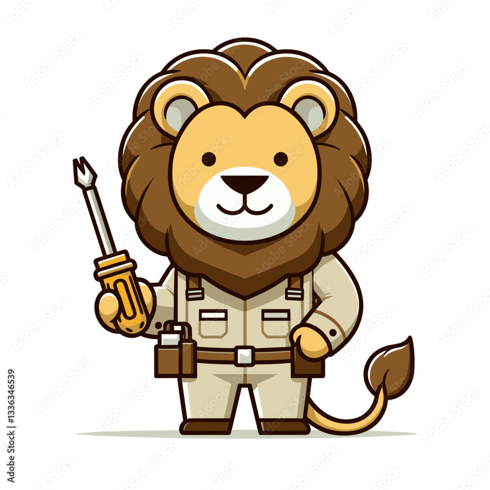 Obraz premium Cartoon handyman lion with screwdriver and tool belt, vector illustration. Perfect for repair services, home maintenance businesses, and DIY project promotions.