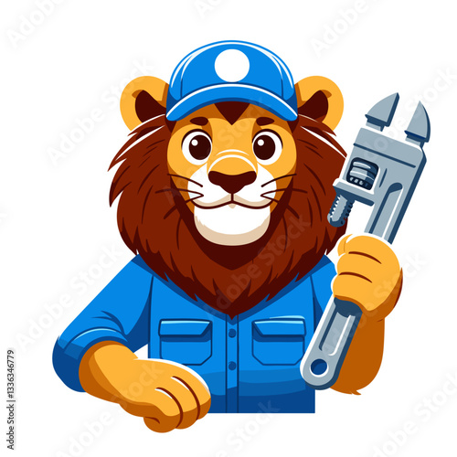 Skilled lion plumber in blue overalls holding wrench. Perfect for repair service branding or home maintenance educational content.