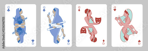 Classical Greek-inspired poker card figures and aces. Greek myth playing cards, Diamonds, Clubs, Hearts, and Spades.