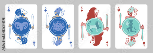 Classical Greek-inspired poker card figures and aces. Greek myth playing cards, Diamonds, Clubs, Hearts, and Spades.