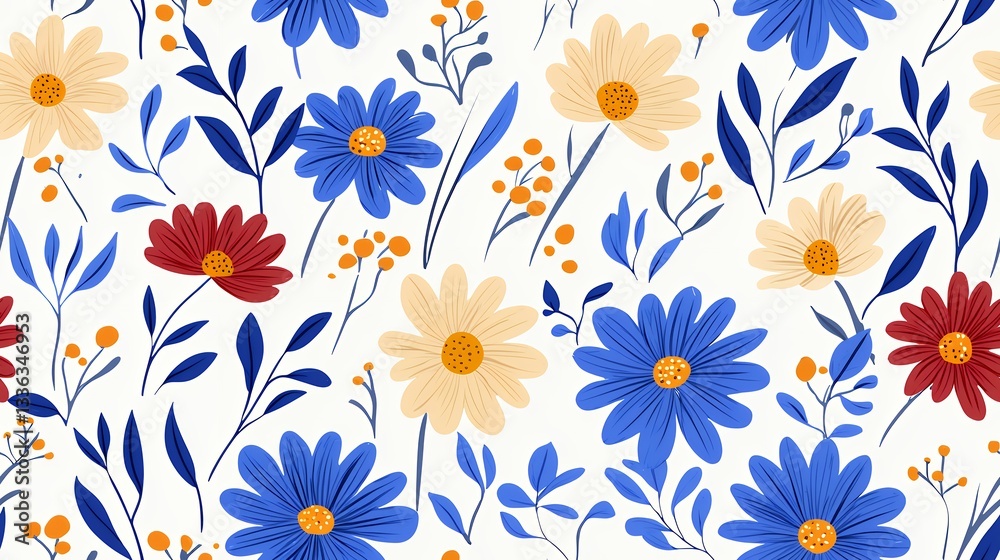 Blue Cream Red Floral Pattern Seamless Design Blue Cream Red Floral Pattern Seamless Design
