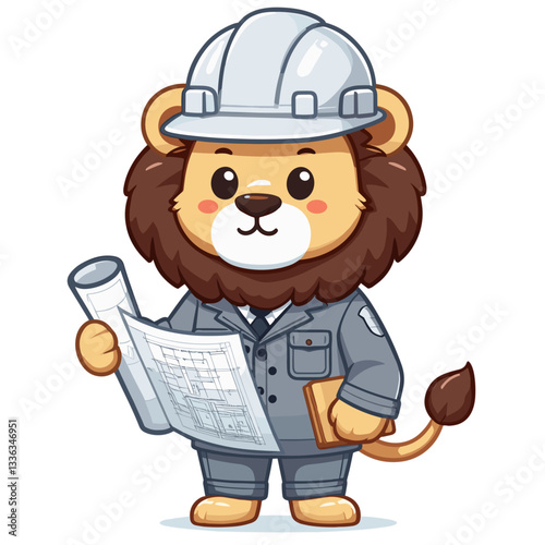 Professional lion architect in gray uniform holding blueprints. Perfect for construction project management or engineering service branding.