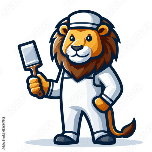 Cartoon lion character in a white worker uniform holding a spatula