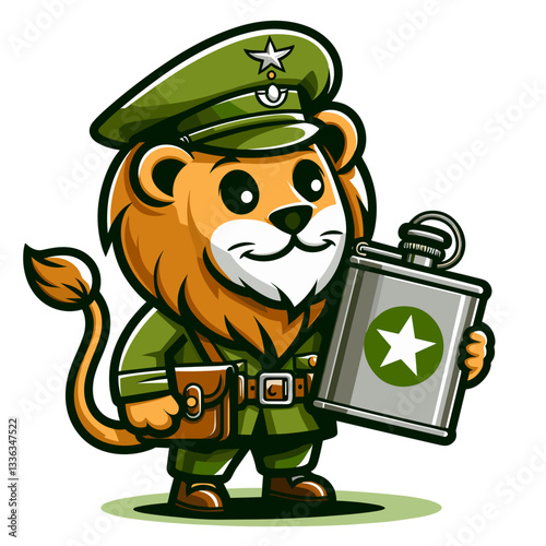 Cartoon military lion in green uniform holding canteen flask. Perfect for armed forces representation, veteran support services, tactical equipment suppliers, or patriotic themed content.