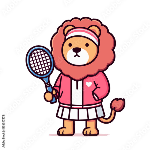 Cartoon female tennis player lion in pink outfit with racket. Perfect for women's sports programs, tennis academies, athletic competitions, or sportswear marketing for ladies.