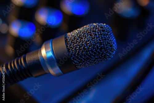 Closeup of a Black XLR Microphone Plug with Electric Blue Cable - Connecting Amplifier for Analog Audio Communication