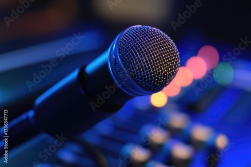 Closeup of XLR Cable Microphone Connector on Black Background with Blue Highlights for Amplifying Analog Audio Communication