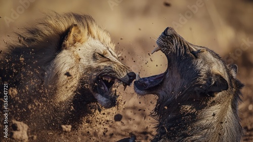 Two male lions aggressively confront each other in a struggle