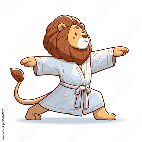 Cartoon martial artist lion in white karate gi performing stance. Perfect for martial arts schools, self-defense training programs, discipline development classes, or physical fitness services.