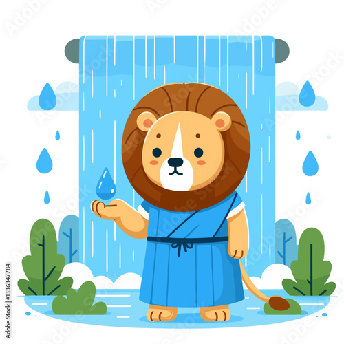 Cartoon lion in blue robe caught in rain shower, vector illustration. Perfect for weather forecasts, rainy day promotions, and umbrella advertisements.