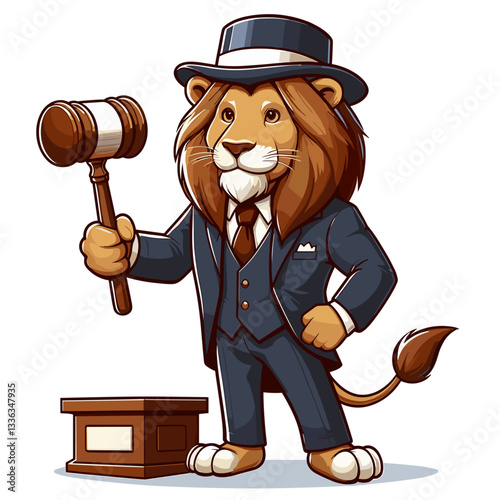 Cartoon lion auctioneer with gavel in top hat and suit, vector illustration. Perfect for auction houses, bidding events, legal proceedings, or antique sales promotions.