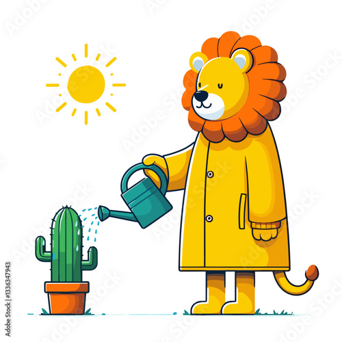 Cartoon lion gardener watering cactus in yellow raincoat, vector illustration. Perfect for plant care guides, gardening services, or houseplant maintenance content.