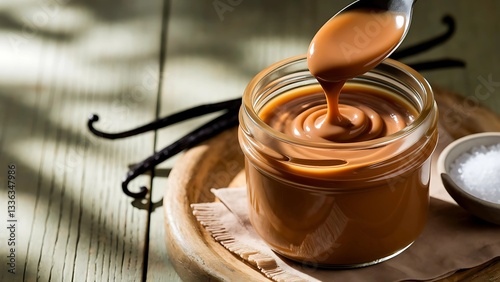 Golden Dulce de Leche Sauce in Spoon – Perfect for Cakes, Pastries, and Coffee