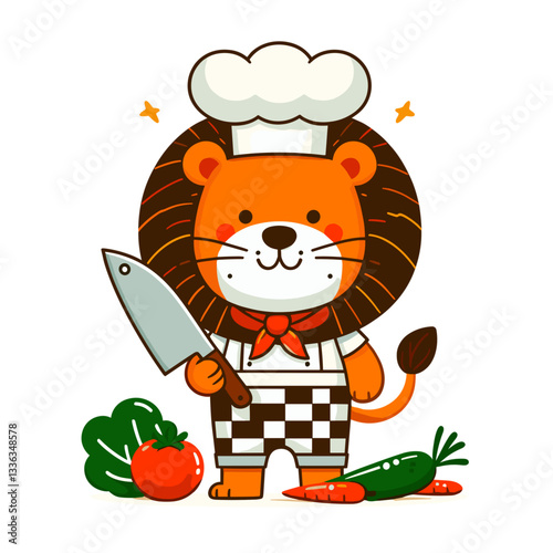 Cute cartoon lion chef with knife and vegetables in white uniform, vector illustration. Perfect for cooking websites, recipe apps, or culinary school promotions.