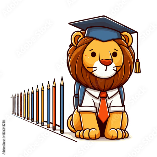 Cute cartoon lion graduate with cap and colored pencils, vector illustration. Perfect for educational achievements, art school graduation, or creative learning program promotions.