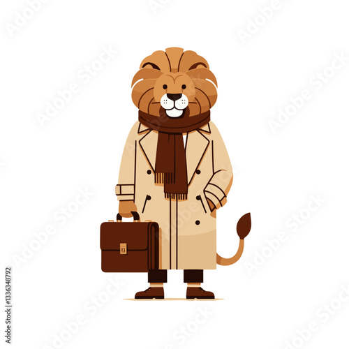 Professional cartoon lion in trench coat with briefcase, vector illustration. Perfect for detective agencies, private investigator services, or mystery novel cover designs.