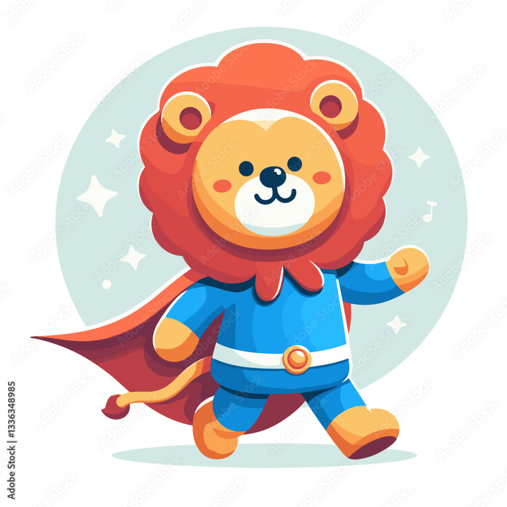 Fototapeta premium Cartoon superhero lion in blue costume with red cape on teal background. Perfect for children's entertainment, courage themes, protective services, or motivational content for kids.