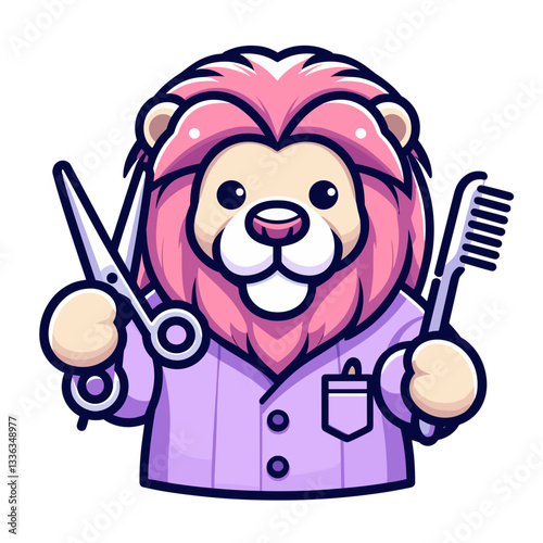 Cartoon hairstylist lion with pink fur holding scissors and comb. Perfect for hair salon businesses, beauty services, style makeover programs, or professional grooming education.
