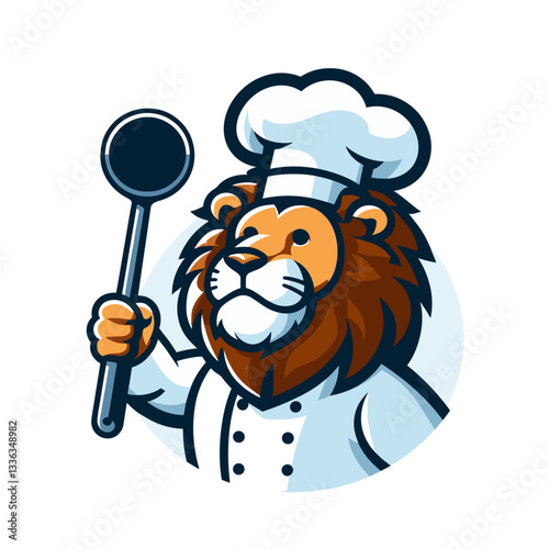 Cartoon professional chef lion in white uniform with large cooking spoon. Perfect for restaurant businesses, culinary training programs, gourmet food services, or cooking competition events.