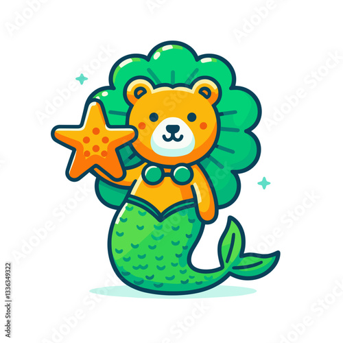 Cartoon mermaid lion with starfish in aquatic fantasy scene, vector illustration. Perfect for children's stories, fantasy themes, and mythical creature concepts.