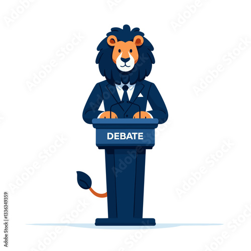 Cartoon politician lion in navy suit at debate podium, vector illustration. Perfect for political campaigns, public speaking events, and governmental educational content.