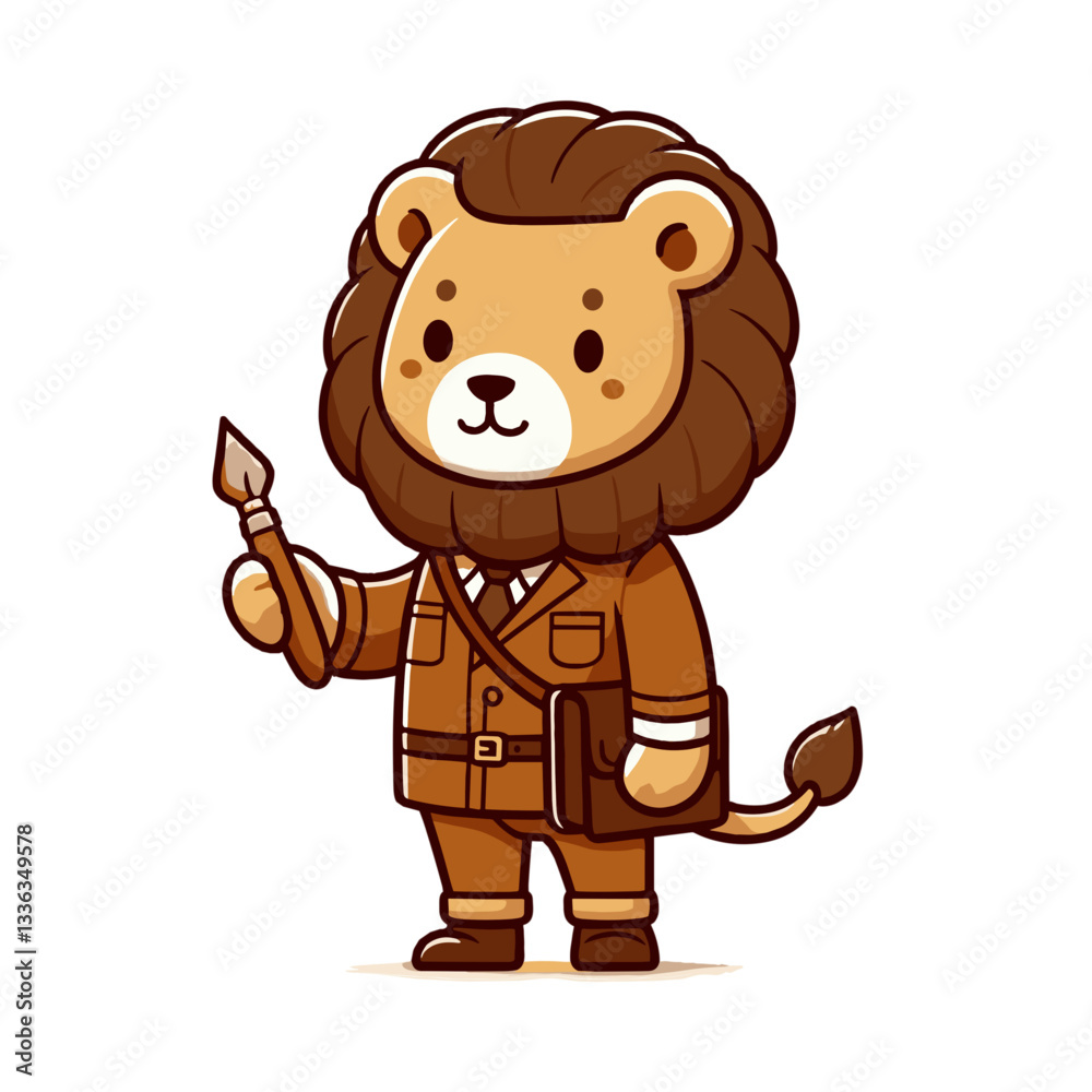 Obraz premium Cartoon lion artist with paintbrush in brown outfit, vector illustration. Perfect for art classes, creative workshops, painting tutorials or artistic talent development programs.