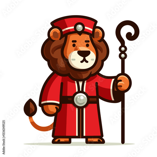 Cartoon lion cardinal in red religious robe with staff, vector illustration. Perfect for religious education materials, spiritual leadership concepts, church events or faith-based content.