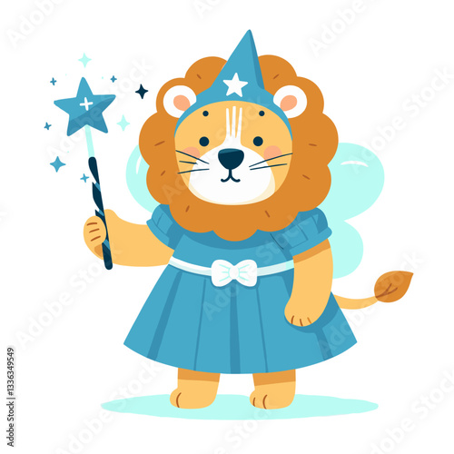 Cartoon fairy godmother lion with magic wand in blue dress, vector illustration. Perfect for children's fantasy stories, magical events, and enchanted character designs.