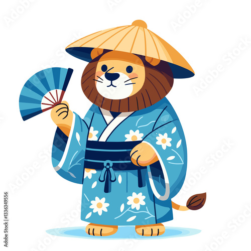 Cartoon lion geisha in blue kimono with fan, vector illustration. Perfect for Japanese cultural festivals, Asian art exhibitions, traditional costume displays or international event promotions.