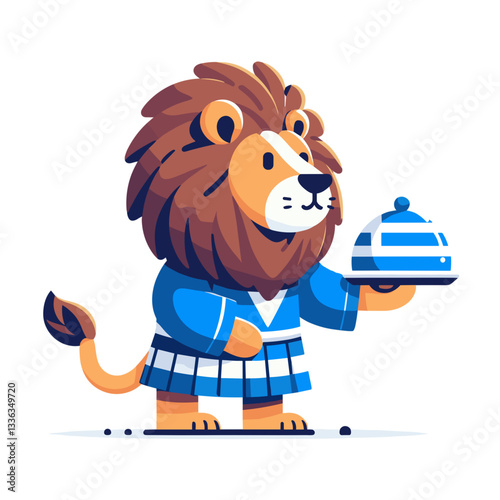 Friendly Greek lion waiter in blue apron holding traditional dish. Ideal for Mediterranean cuisine or cultural tourism content.