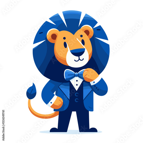 Cartoon lion in blue formal tuxedo adjusting bow tie, vector illustration. Perfect for wedding services, formal event planning, luxury menswear brands or special occasion attire.