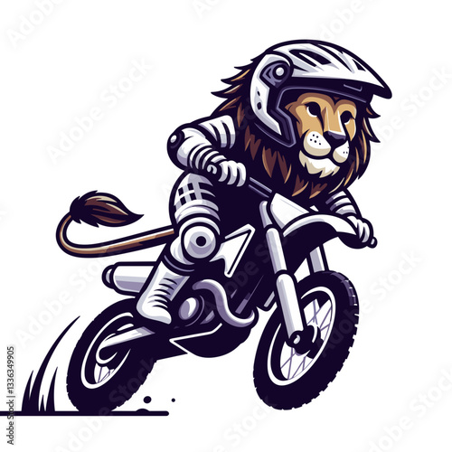 Dynamic lion motocross rider on racing bike in action. Ideal for extreme sports events or motorsport competition promotional materials.