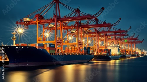 Brightly illuminated red port cranes and moored cargo vessel in night seaport
