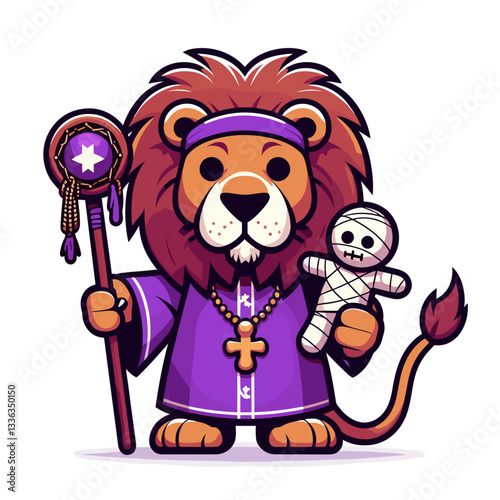 Cute cartoon lion voodoo priest with staff and doll in purple robe, vector illustration. Perfect for Halloween themes, mystical events, or cultural folklore illustrations.