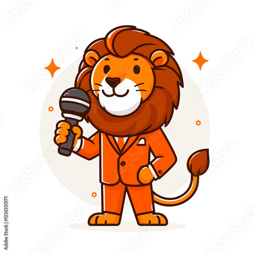 Cartoon entertainer lion in orange suit holding microphone. Perfect for comedy shows, entertainment agencies, talent competitions, or event hosting services.
