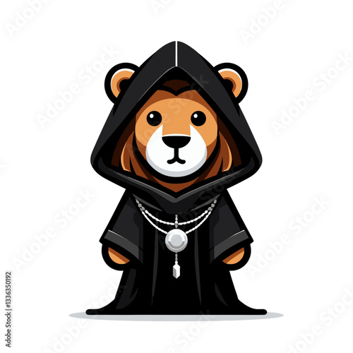 Cartoon mysterious lion in black hooded robe with pendant. Perfect for fantasy storytelling, mystical characters, medieval themed events, or secret society concepts.