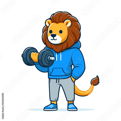 Cartoon weightlifter lion in blue hoodie with dumbbell. Perfect for fitness centers, strength training programs, gym equipment suppliers, or workout motivation content.