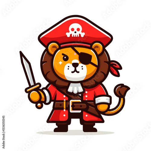 Cartoon pirate lion in red outfit with sword, vector illustration. Perfect for adventure themes, children's entertainment, and costume party promotions.