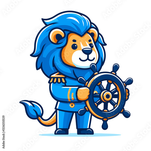 Cartoon ship captain lion in blue uniform with steering wheel, vector illustration. Perfect for maritime industries, cruise lines, and nautical adventure themes.