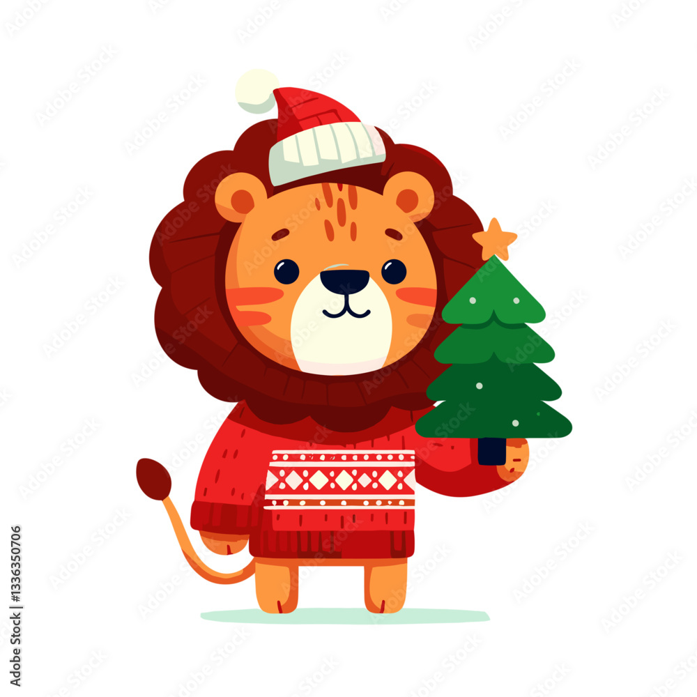 Cartoon lion in Christmas sweater with tree, vector illustration. Perfect for holiday greeting cards, winter celebrations, festive merchandise or seasonal promotional materials. Cartoon lion in Christmas sweater with tree, vector illustration. Perfect for holiday greeting cards, winter celebrations, festive merchandise or seasonal promotional materials.