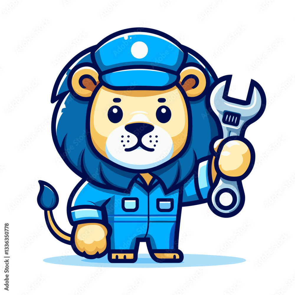 Fototapeta premium Cartoon lion mechanic with wrench in blue uniform, vector illustration. Perfect for auto repair shops, maintenance services, car care centers or technical support businesses.