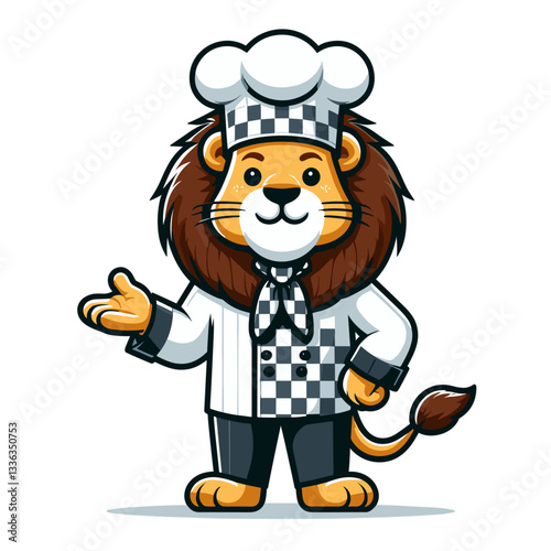 Cartoon lion chef in white uniform and checkered hat, vector illustration. Perfect for restaurant marketing, culinary schools, cooking services or food industry businesses.