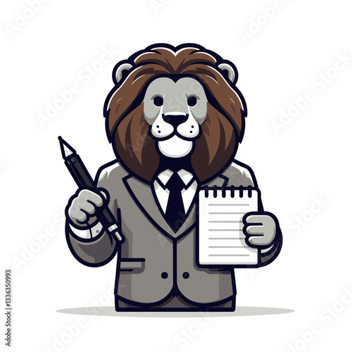 Professional lion journalist in gray suit holding notepad and pen. Perfect for media industry or content creation services.