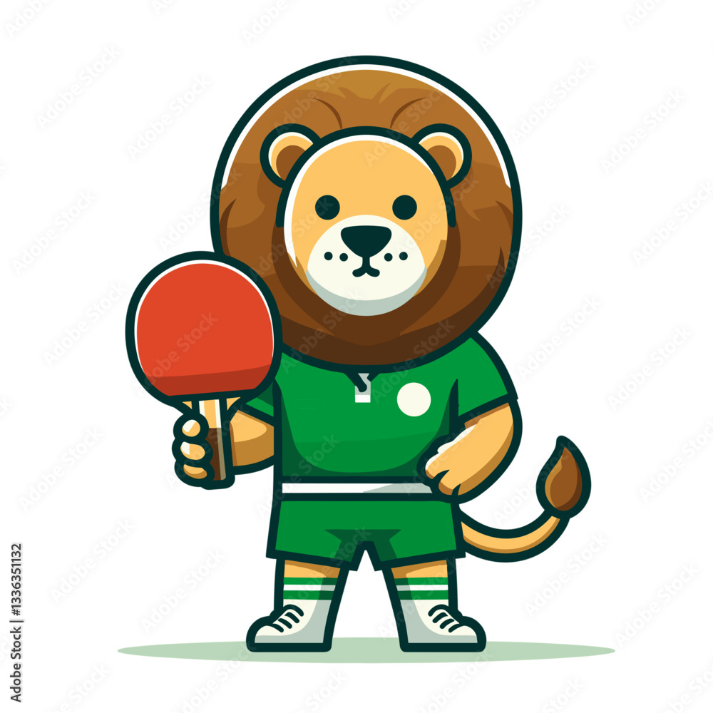Cute cartoon lion table tennis player with paddle in green uniform, vector illustration. Perfect for sports clubs, ping pong tournaments, or recreational activity promotions. Cute cartoon lion table tennis player with paddle in green uniform, vector illustration. Perfect for sports clubs, ping pong tournaments, or recreational activity promotions.