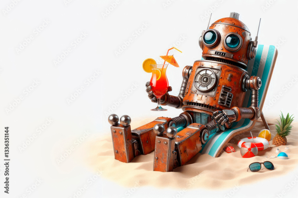 Fototapeta premium A rusty retro robot is relaxing on a sun lounger with a cocktail on the beach. Space for text.