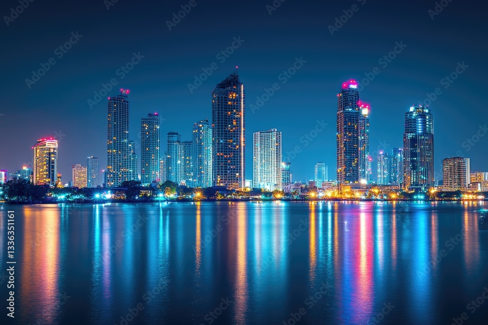Nighttime Urban Connectivity: Network and Connection Technology Over Bangkok's Business District with Energetic Data Infographics Nighttime Urban Connectivity: Network and Connection Technology Over Bangkok's Business District with Energetic Data Infographics