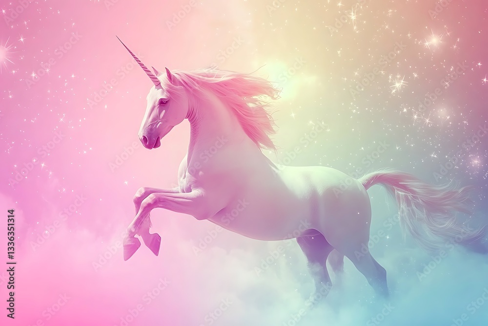 Majestic white unicorn prancing on pastel clouds, stars. Majestic white unicorn prancing on pastel clouds, stars.