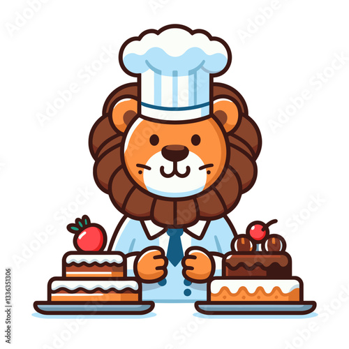 Cute cartoon lion pastry chef with cakes in professional uniform, vector illustration. Perfect for bakery businesses, cooking classes, or dessert recipe websites.